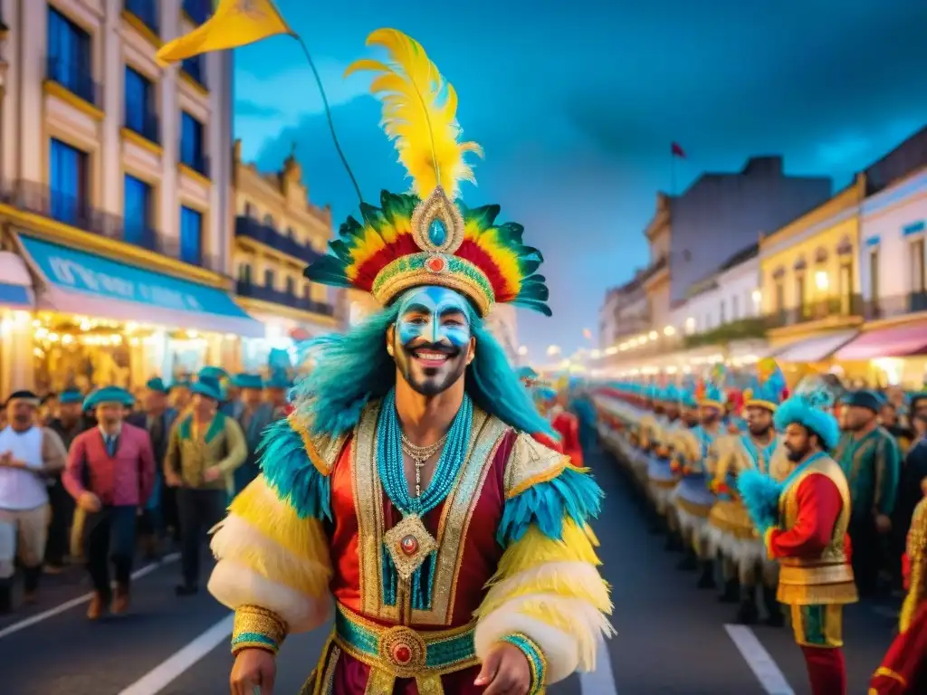 Empresas exitosas en Carnaval Uruguayo: Desfile vibrante de carroza floral y alegres espectadores durante la celebración de Carnaval en Montevideo