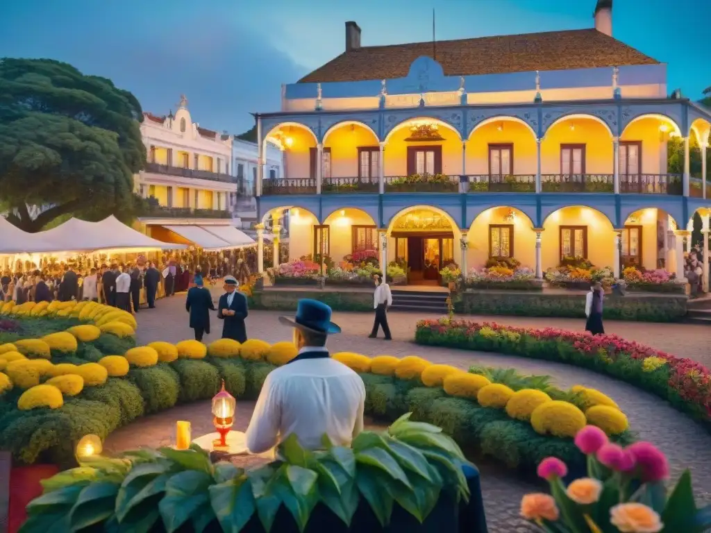 Un encantador hotel boutique en Uruguay durante el Carnaval, con pareja cenando a la luz de las velas y desfile de colores