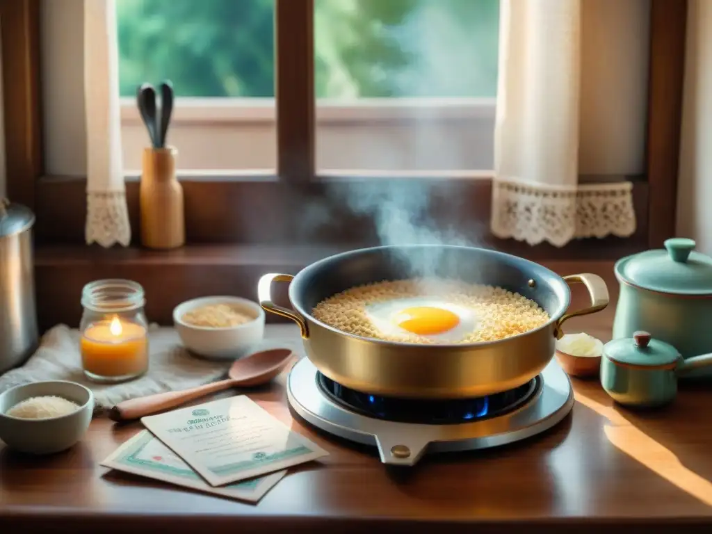 Una escena acogedora de cocina con una abuela preparando arroz con leche en una estufa vintage, rodeada de recetas y utensilios, iluminada por el sol