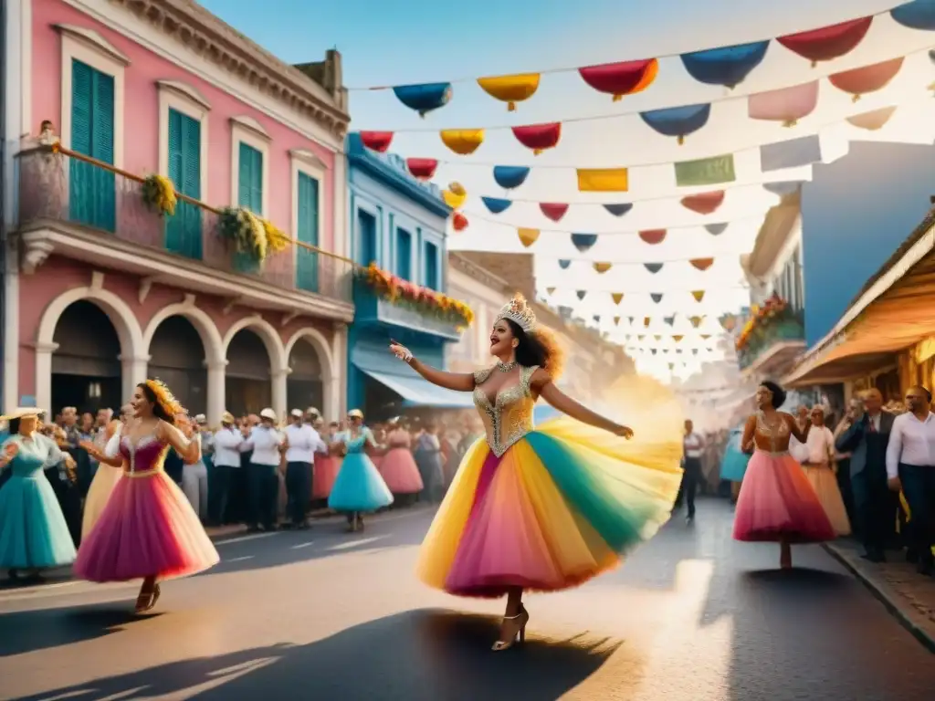 Escena animada del Carnaval en Uruguay, con bailarines, confeti y arquitectura tradicional