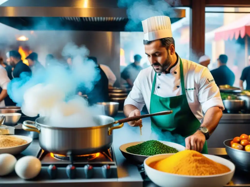 Escena animada de cocina durante Carnaval en Uruguay con chefs famosos y platos icónicos, capturando la esencia festiva