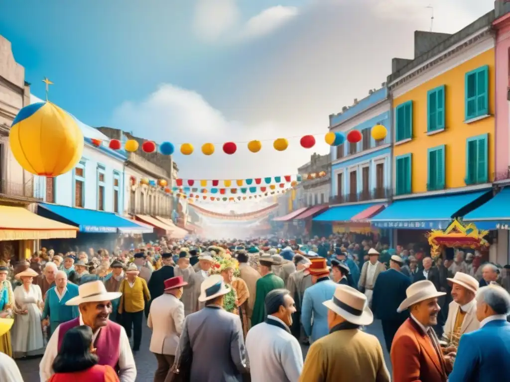 Escena animada de mercado callejero en Montevideo durante Carnaval, llena de color y alegría