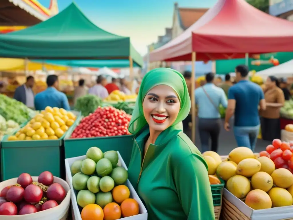 Escena animada de un mercado callejero en carnaval con frutas y verduras coloridas, vendedores sonrientes y cielo soleado