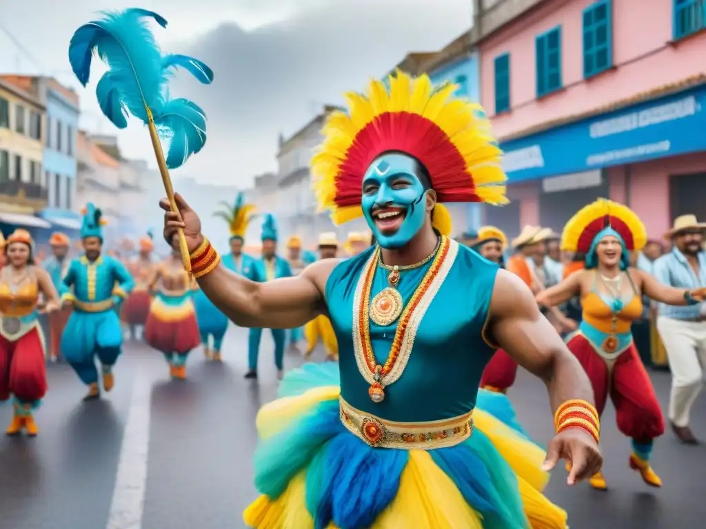 Una escena callejera colorida del Carnaval en Uruguay con jerga murgas y festividad