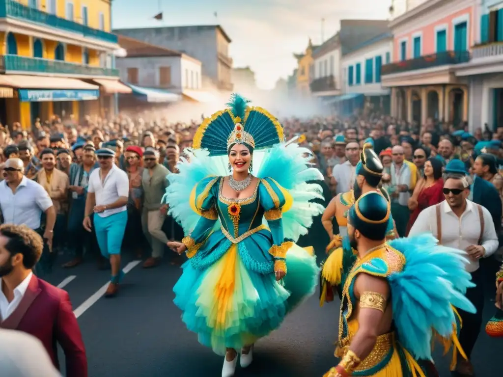 Una escena callejera vibrante del Carnaval Uruguayo 2023, con coloridos desfiles y espectadores alegres