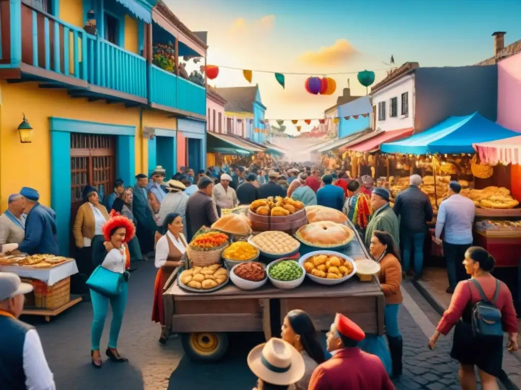 Escena callejera vibrante del Carnaval en Uruguay con puestos de comida vendiendo platos tradicionales