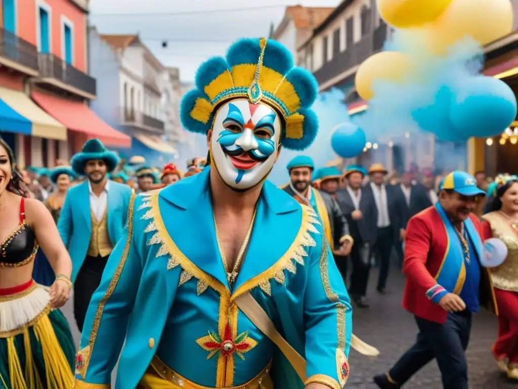 Escena callejera vibrante del Carnaval Uruguayo con familias participando alegremente en paquetes familiares