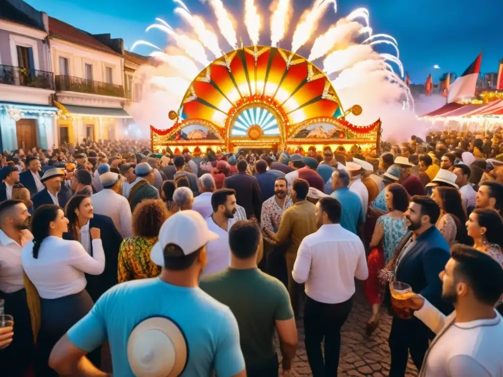 Una escena de carnaval vibrante con iluminación y detalles en Uruguay