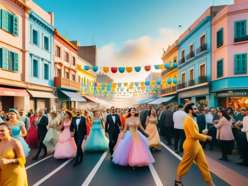 Escena colorida de Carnaval en Montevideo, Uruguay con bailarines y música alegre, hostels económicos presentes en el fondo