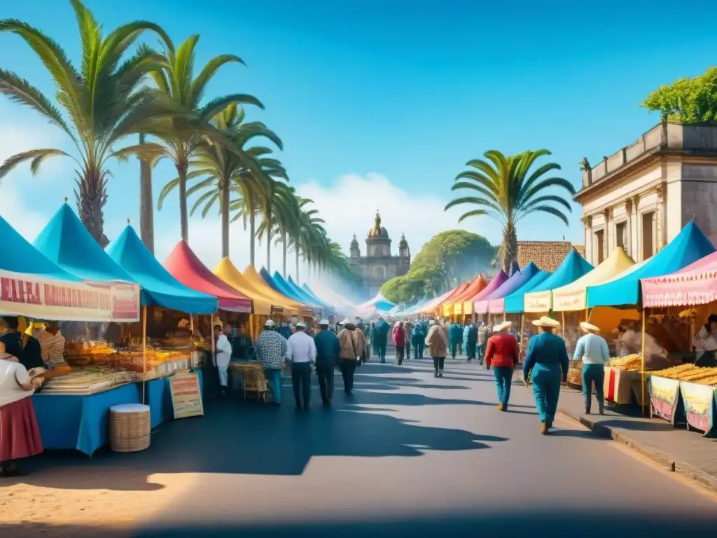 Escena colorida del Carnaval en Uruguay: puestos de comida con chivitos, asado y churros, gente en trajes festivos bajo cielo azul