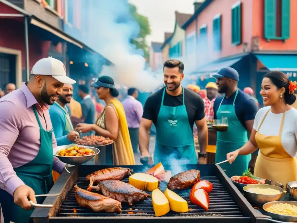 Una escena colorida de Carnaval con personas asando carne en una parrilla gigante