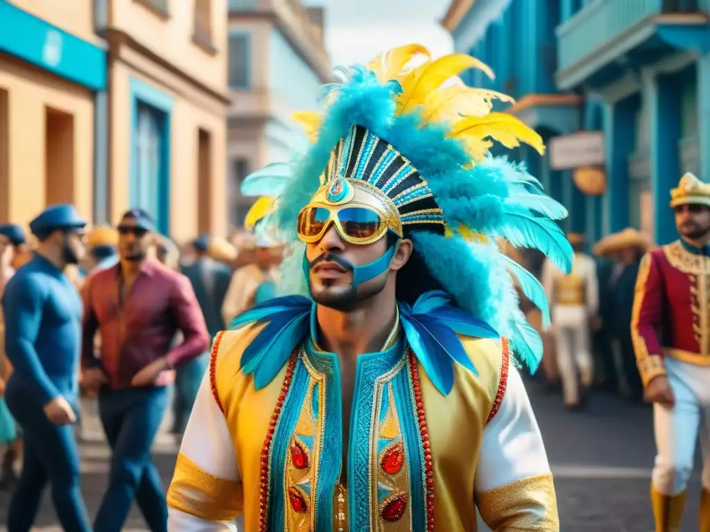 Escena colorida del Carnaval en Uruguay con trajes detallados y música alegre