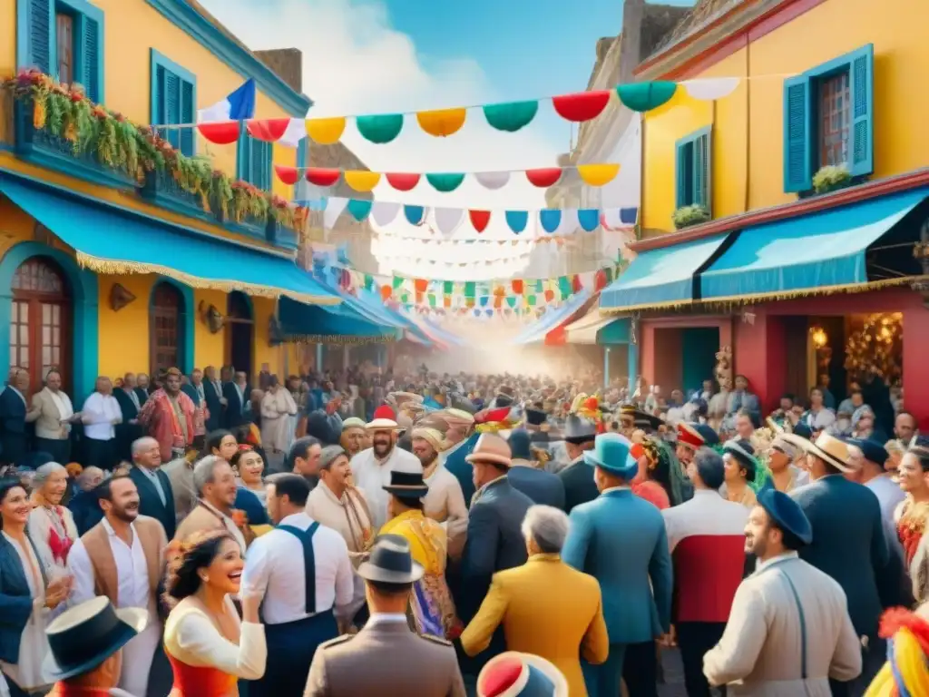 Escena colorida del Carnaval Uruguayo con figuras detalladas en trajes tradicionales, desfiles y alegría