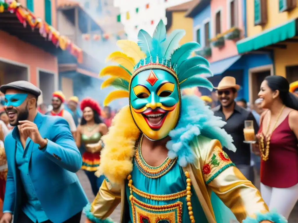 Escena festiva de Carnaval con arroz con leche y alegría en la calle llena de coloridos disfraces y decoraciones