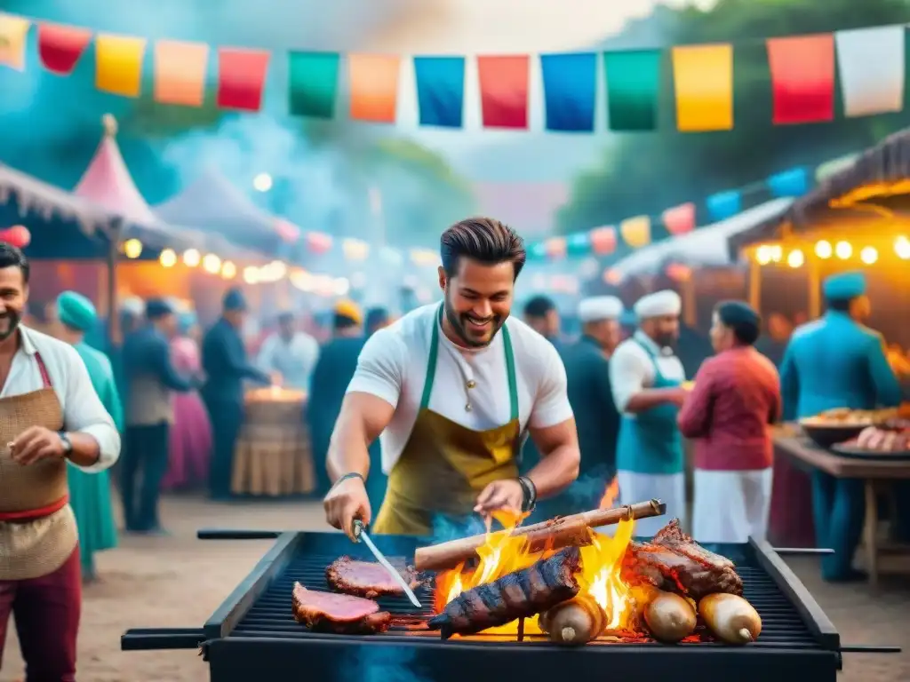 Una escena festiva de Carnaval con la tradición del asado, gente cocinando carne sobre la parrilla y coloridas decoraciones