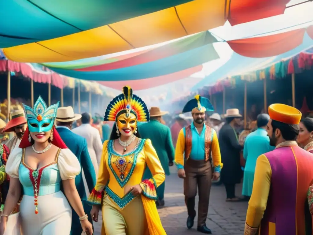 Una escena de mercado animado para Carnaval Uruguayo con trajes coloridos y máscaras