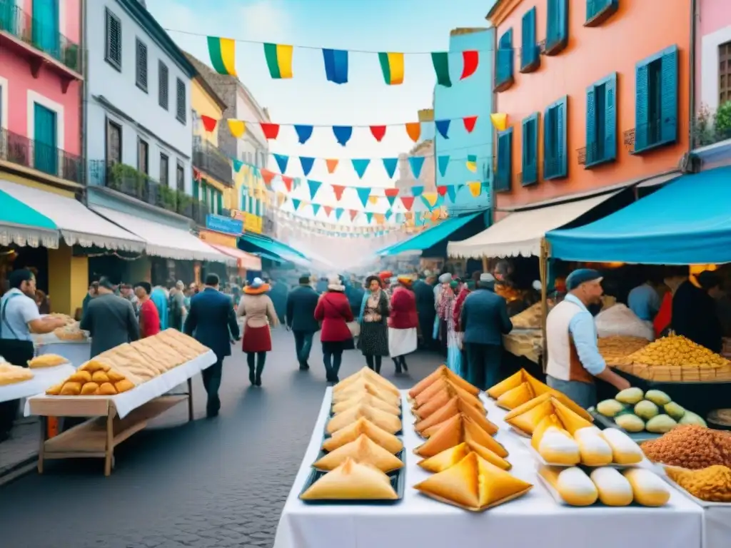 Una escena vibrante de la calle uruguaya durante el Carnaval, con puestos de comida ofreciendo delicias tradicionales