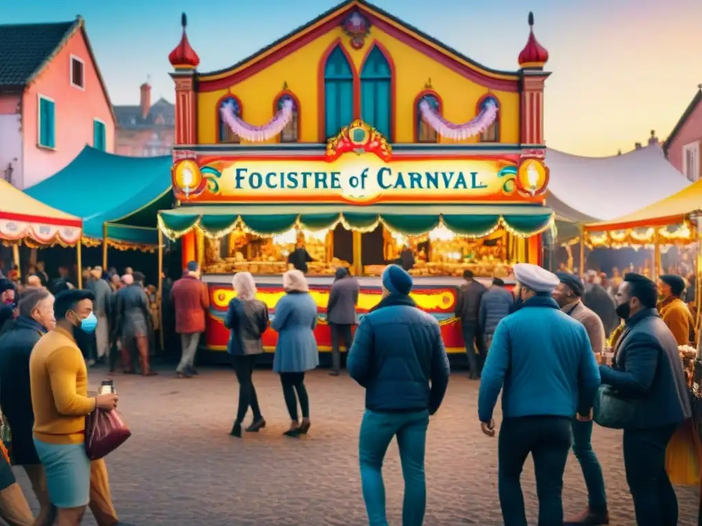 Escena vibrante de carnaval en la calle con personas enmascaradas y disfrutando de comidas y bebidas tradicionales