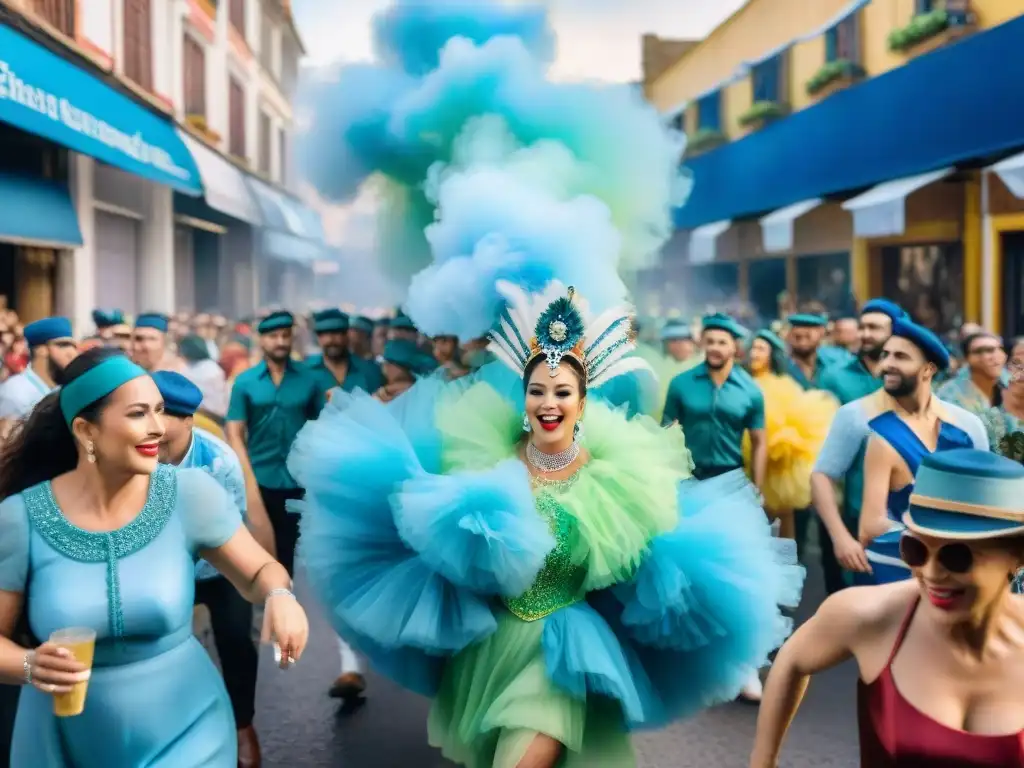 Escena vibrante del Carnaval en Uruguay con carros alegóricos y bailarines en trajes coloridos