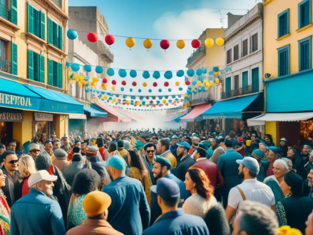 Escena vibrante del Carnaval en Montevideo con coloridos desfiles y espectadores animados, una de las mejores experiencias Carnaval Uruguayo