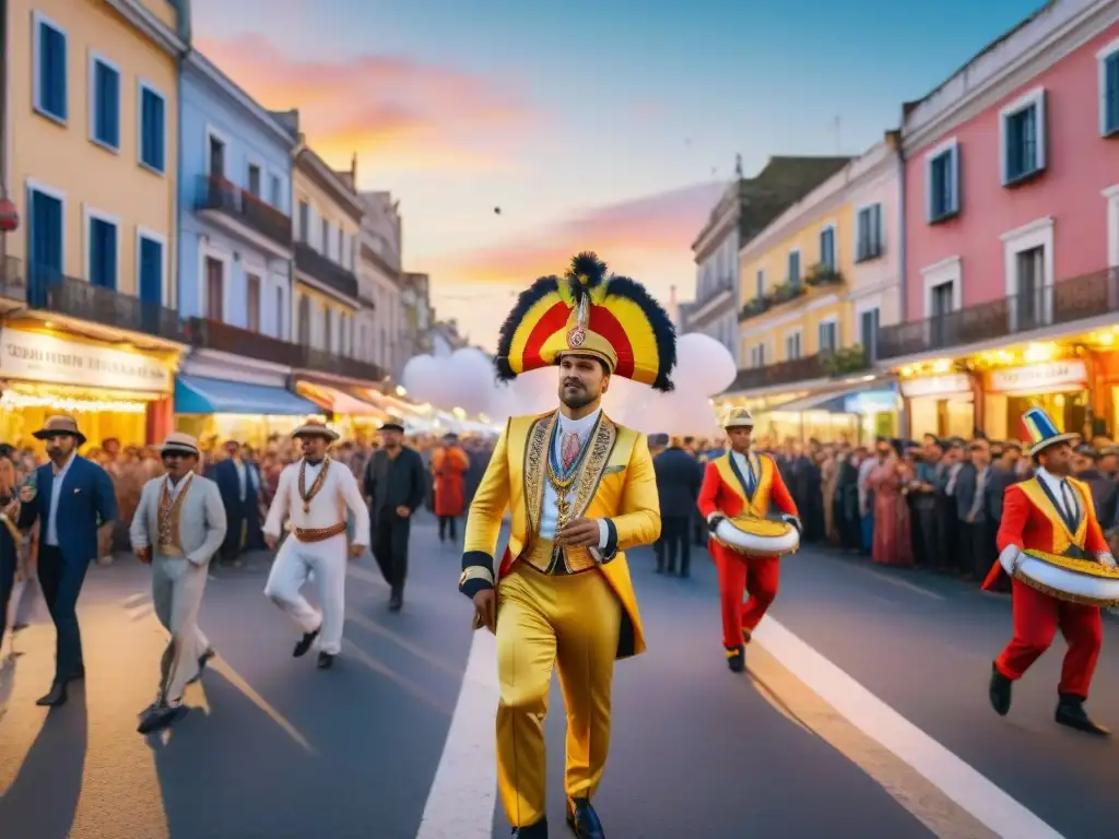 Escena vibrante del Carnaval en Uruguay: carrozas, danzas y espectadores en un ambiente festivo