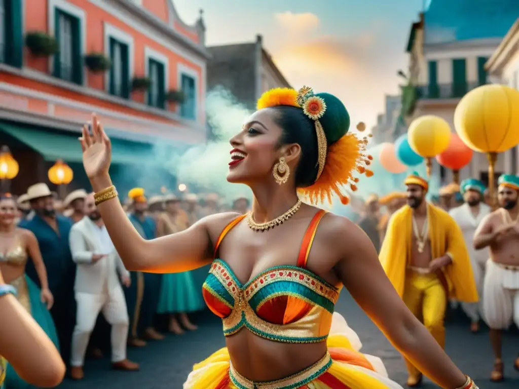 Escena vibrante del Carnaval de Uruguay con desfiles coloridos y espectadores entusiastas, viviendo experiencias únicas en el Carnaval