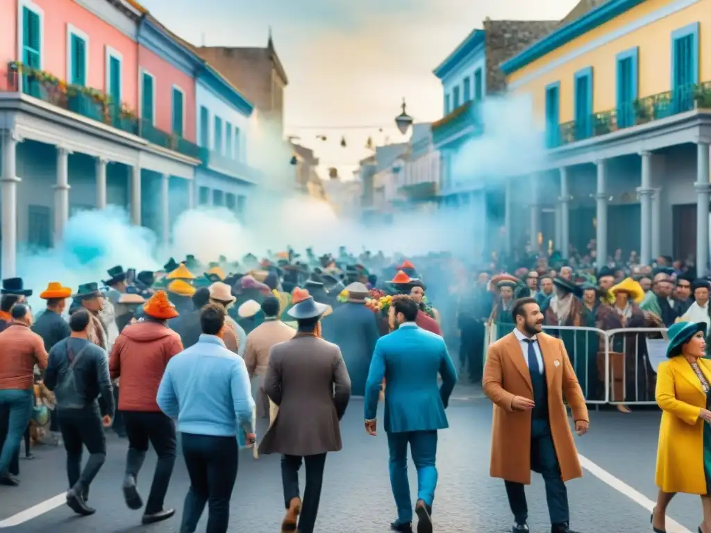 Escena vibrante del Carnaval en Uruguay, con desfiles coloridos y una explosión de energía y movimiento