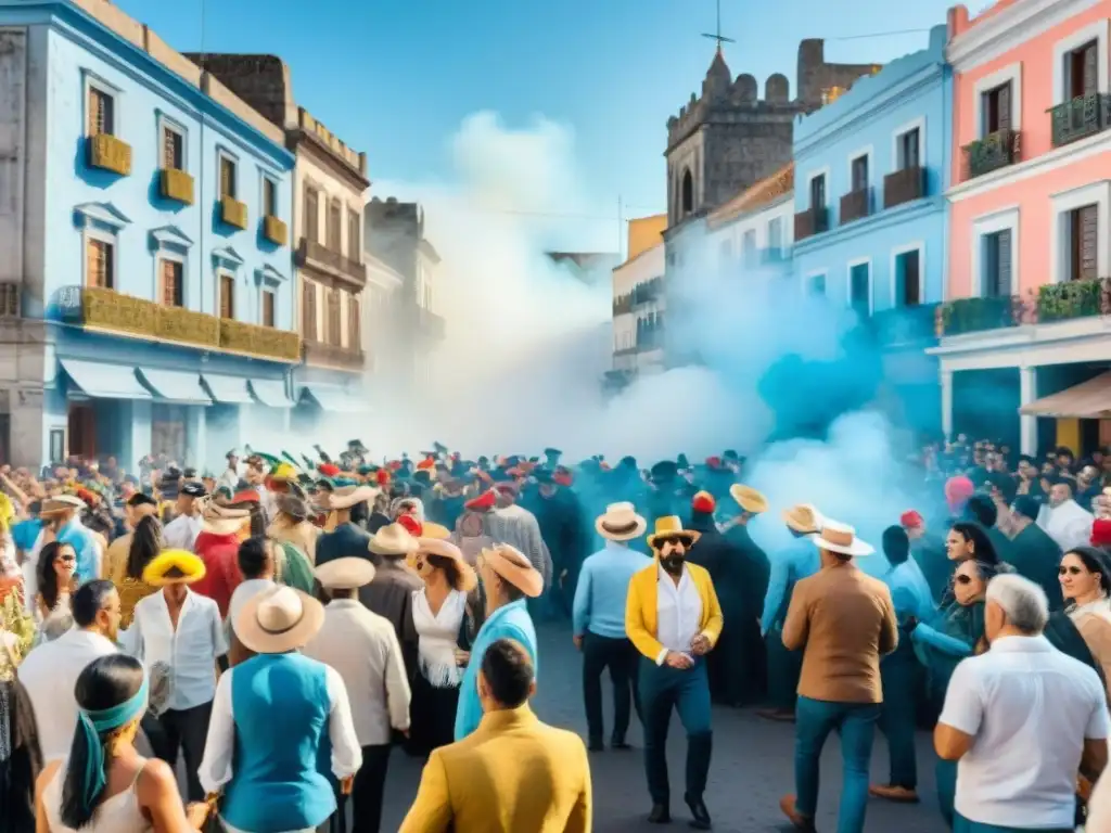 Escena vibrante del Carnaval en Uruguay con gente en trajes coloridos y carros alegóricos