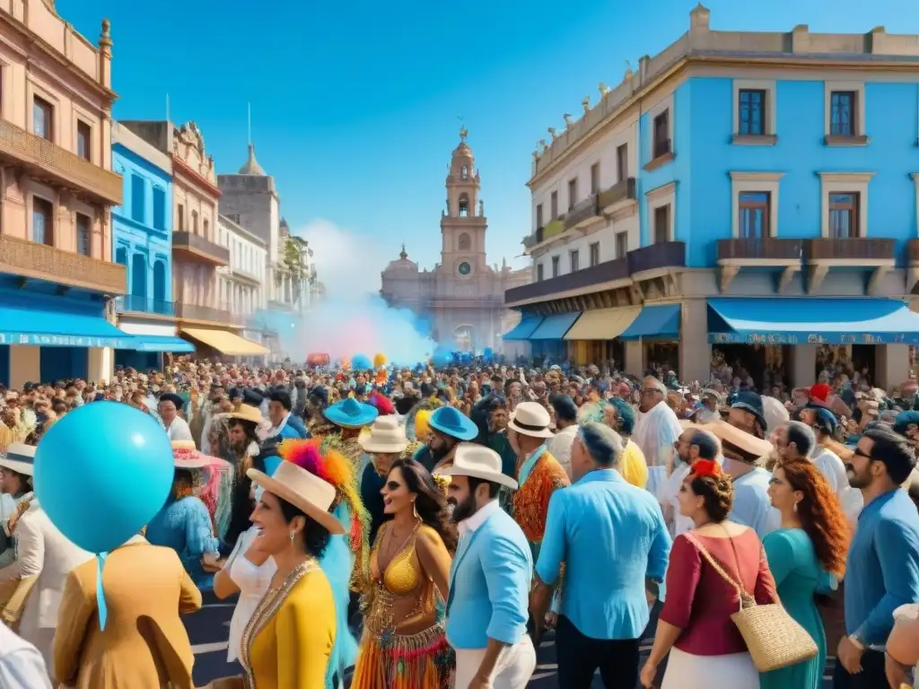 Escena vibrante del Carnaval en Uruguay con gente colorida y desfiles