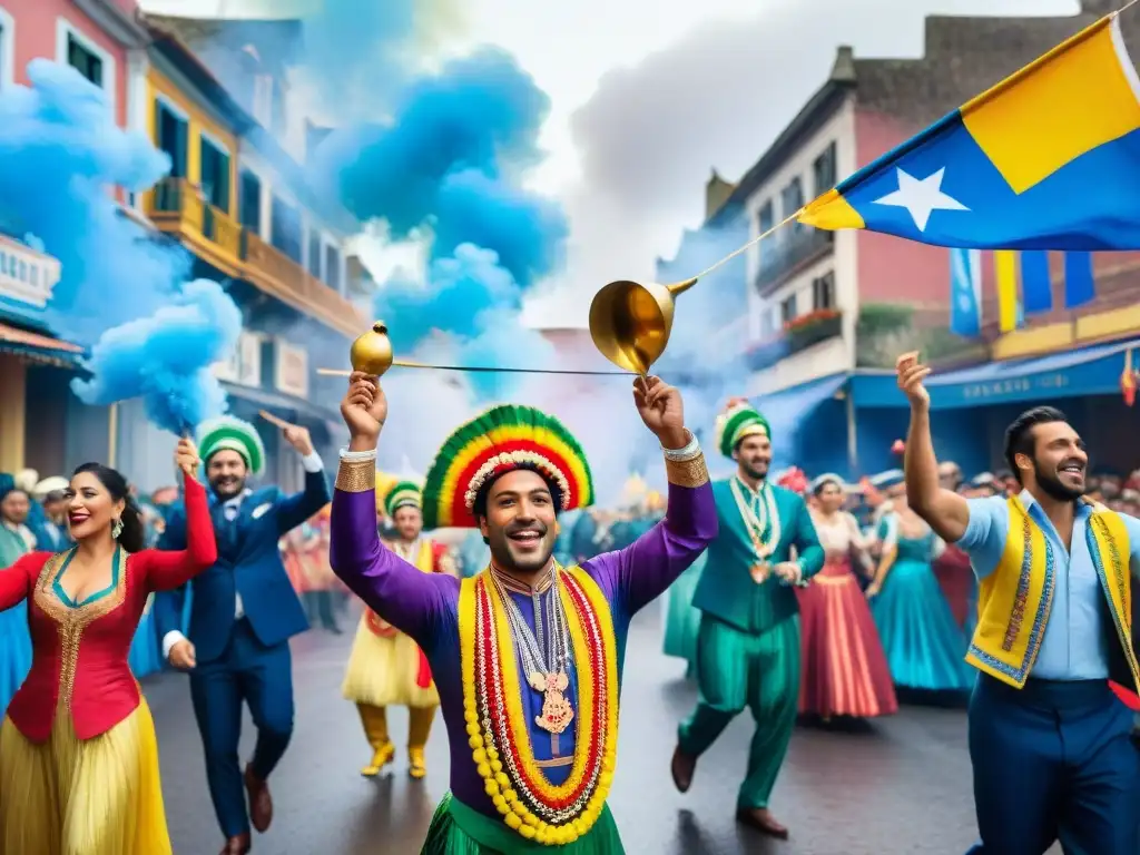 Escena vibrante del Carnaval de Uruguay con gente en trajes coloridos disfrutando una cazuela tradicional