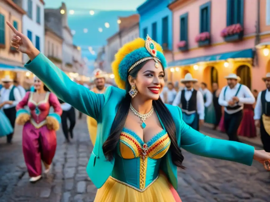 Una escena vibrante de Carnaval en el interior de Uruguay: coloridos trajes, bailes alegres y desfiles decorados en una plaza pintoresca