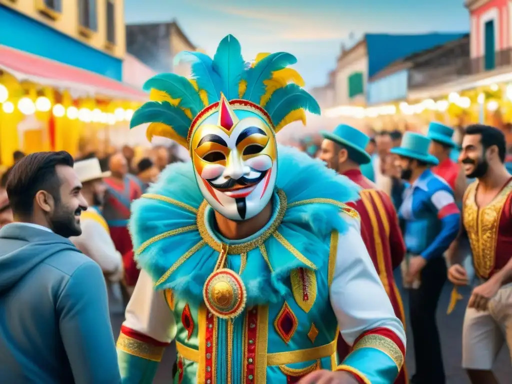 Escena vibrante de carnaval en Uruguay: máscaras coloridas, música alegre y comunidad festiva