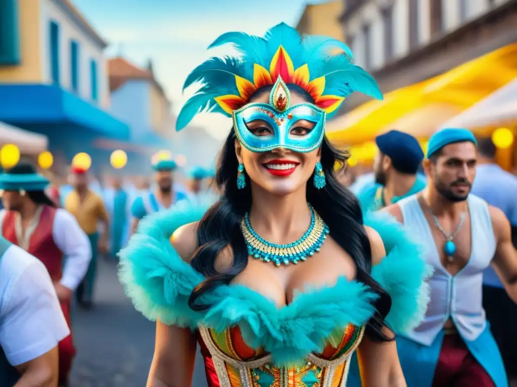 Una escena vibrante de Carnaval en Uruguay con máscaras coloridas y bailarines alegres