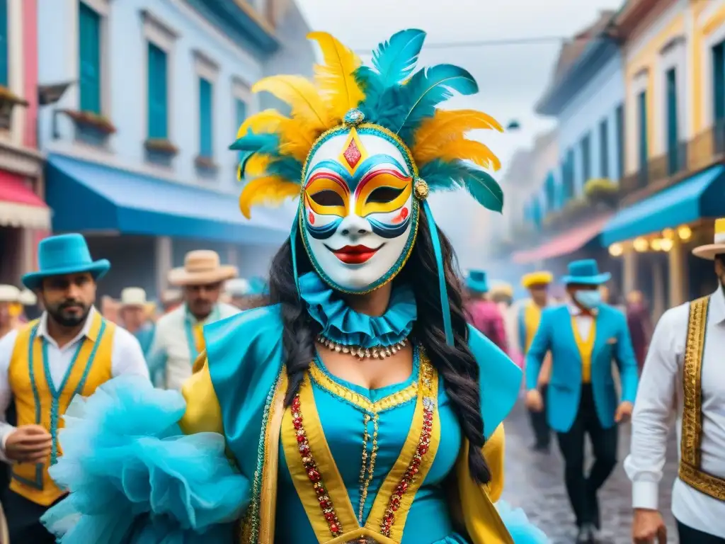 Una escena vibrante del Carnaval en Uruguay: máscaras, colores y música en una celebración llena de historia