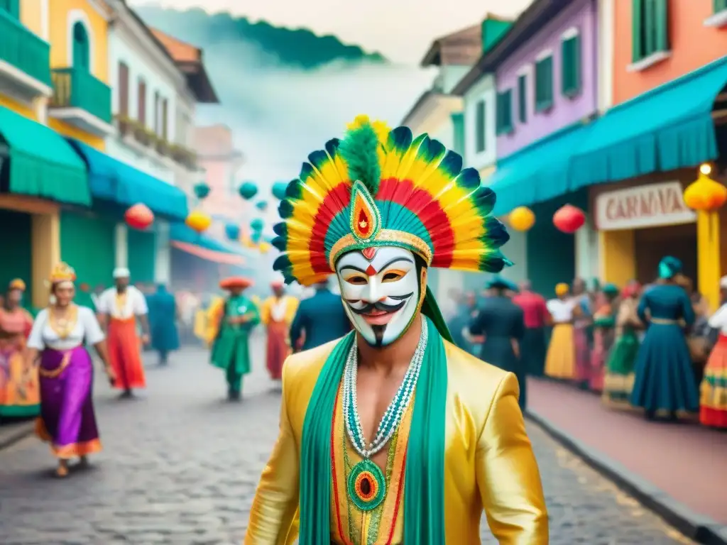 Escena vibrante de Carnaval en un pintoresco pueblo colonial con deslumbrantes edificios y un animado mercado