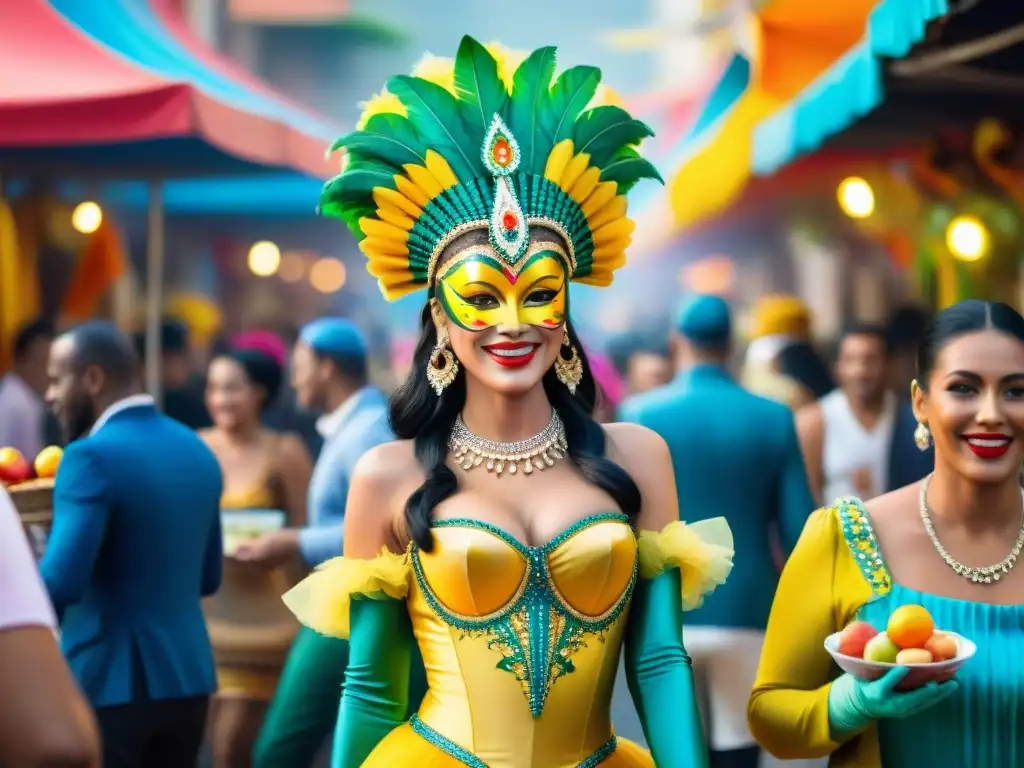 Escena vibrante del Carnaval con puestos de comida coloridos ofreciendo alimentos frescos y saludables