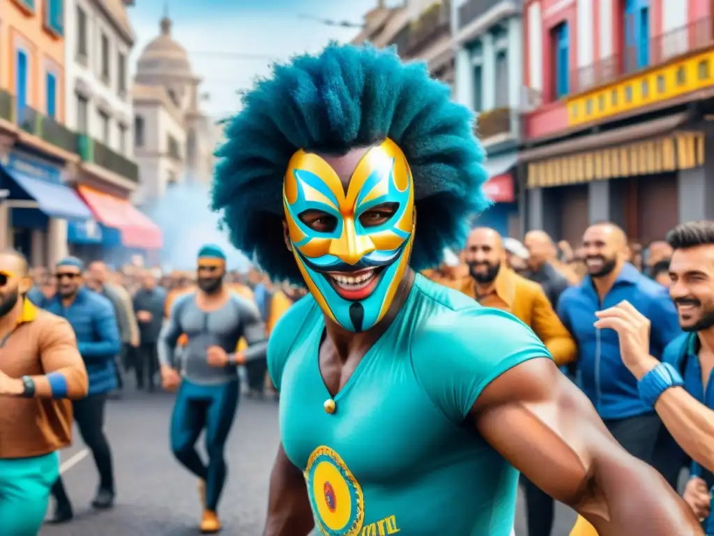 Escena vibrante de carnaval en Montevideo con realismo aumentado en el Carnaval