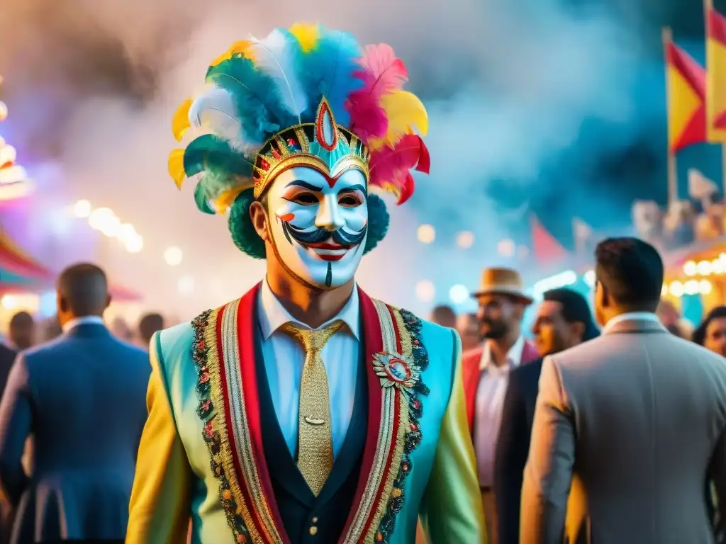 Escena vibrante de Carnaval en Uruguay con trajes coloridos y máscaras, bajo la iluminación escenarios Carnaval Uruguay