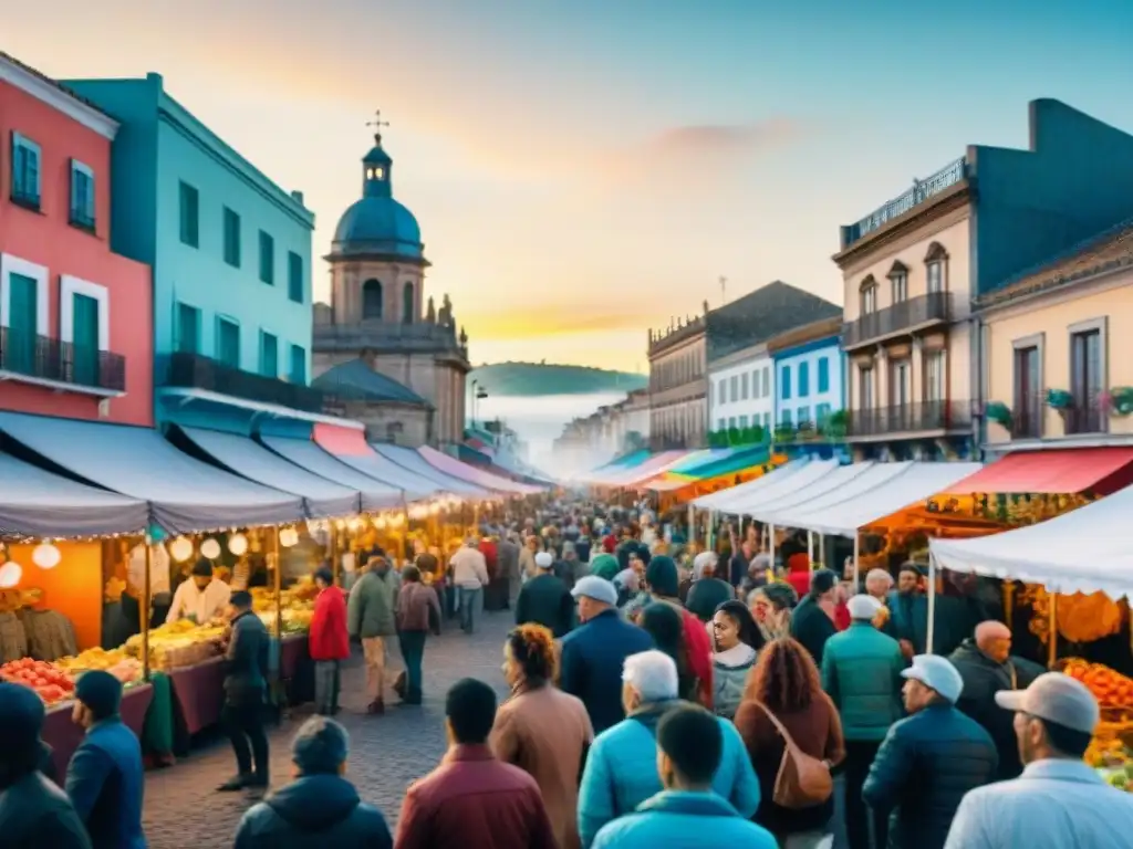 Escena vibrante del Carnaval Uruguayo con puestos de comida sostenible y coloridos disfraces