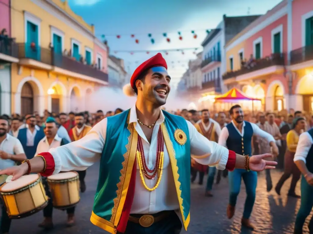 Escena vibrante del Carnaval Uruguayo: comparsas y murgas en trajes coloridos, espectadores bailando y lanzando confeti