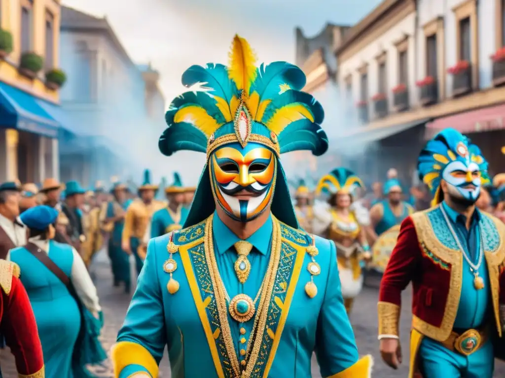 'Escena vibrante del Carnaval Uruguayo: desfile colorido en la calle