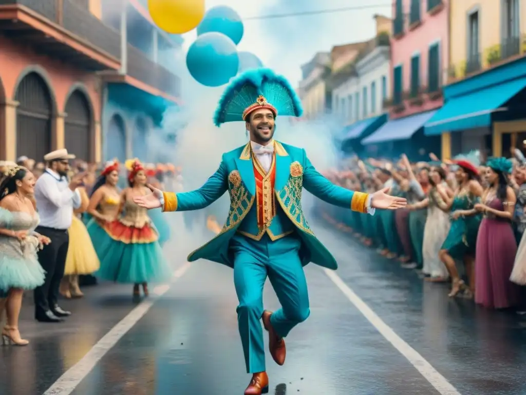 Una escena vibrante del Carnaval Uruguayo en realidad aumentada, con carrozas coloridas y danzantes en trajes elaborados