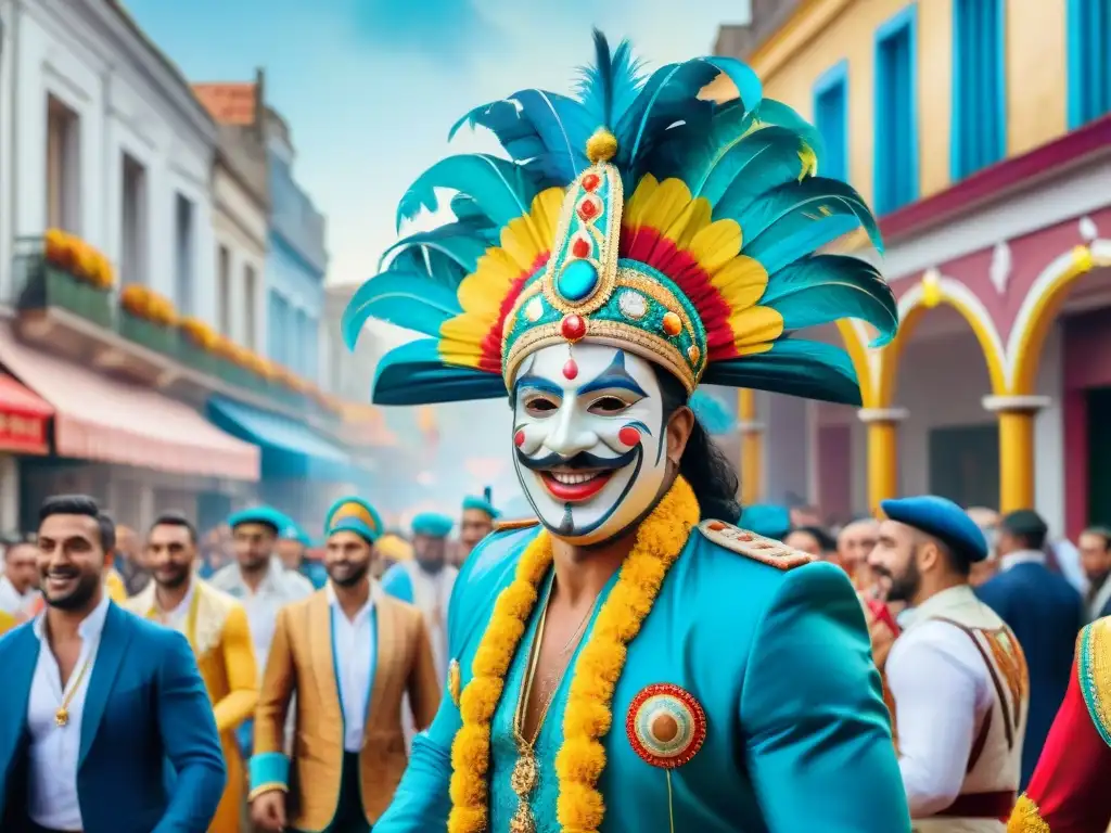 Escena vibrante de carnaval uruguayo con carros coloridos, músicos y bailarines en un bullicioso desfile