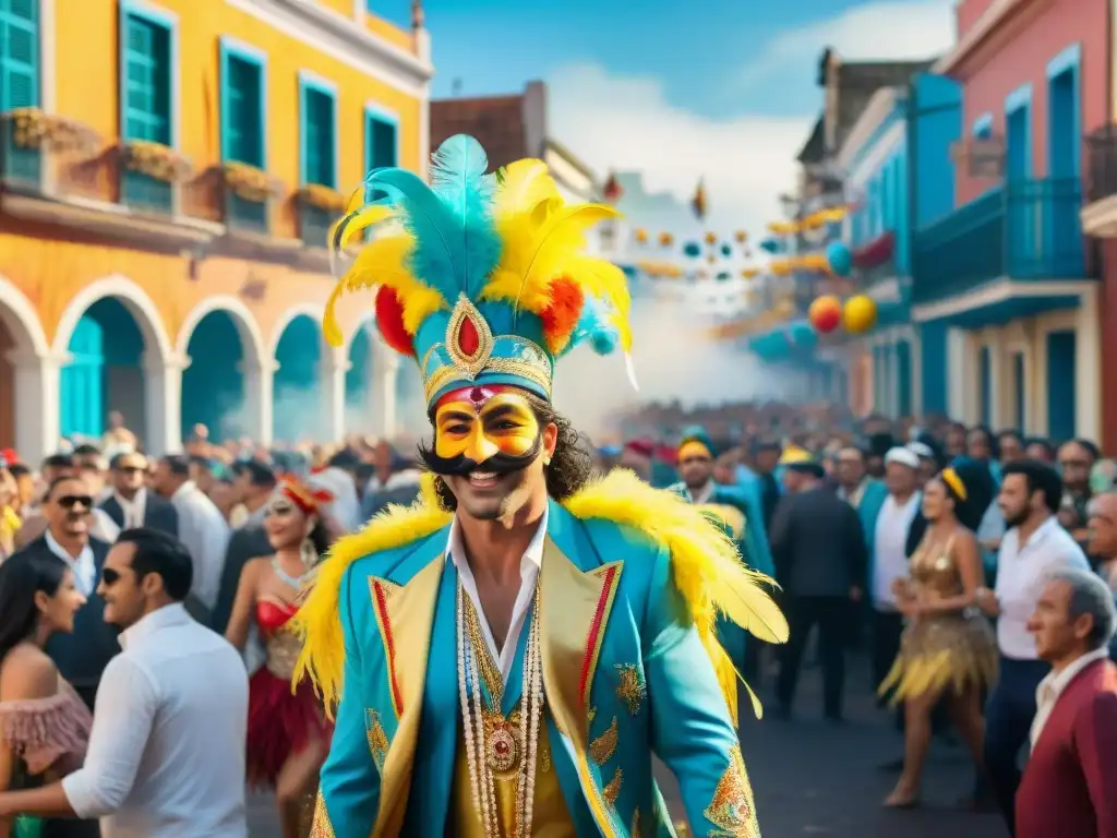 Escena vibrante del Carnaval Uruguayo con oportunidades de negocio en las coloridas calles y desfiles festivos