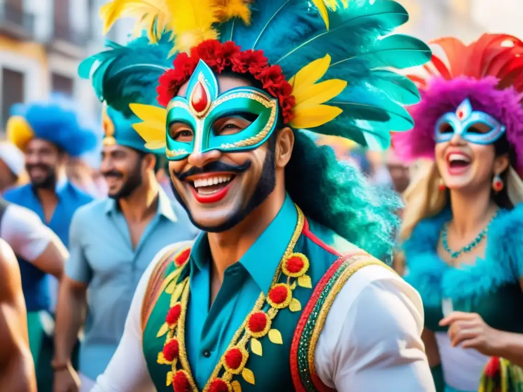 Escena vibrante del Carnaval Uruguayo, momentos espontáneos únicos capturados en acuarela