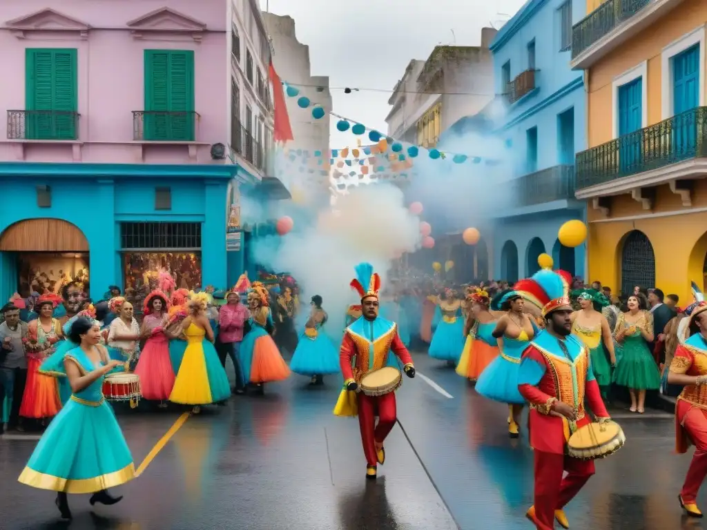 Escena vibrante del Carnaval Uruguayo en Montevideo con disfraces, tambores y edificios coloniales y modernos