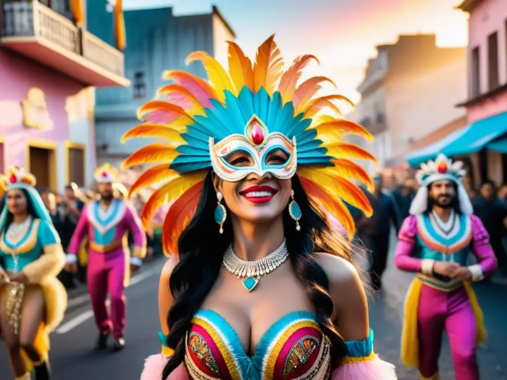 Escena vibrante de Carnaval Uruguayo con trajes y máscaras coloridas, danzas alegres y música festiva