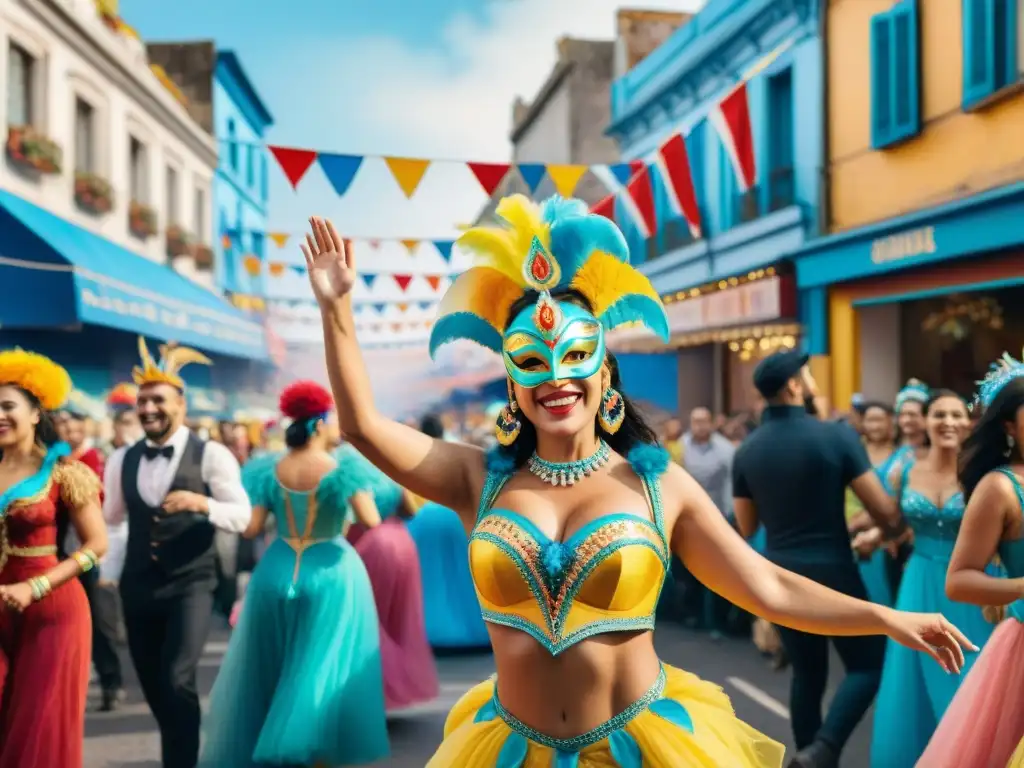 Escena vibrante del Carnaval Uruguayo: bailarines, música alegre y espectadores felices