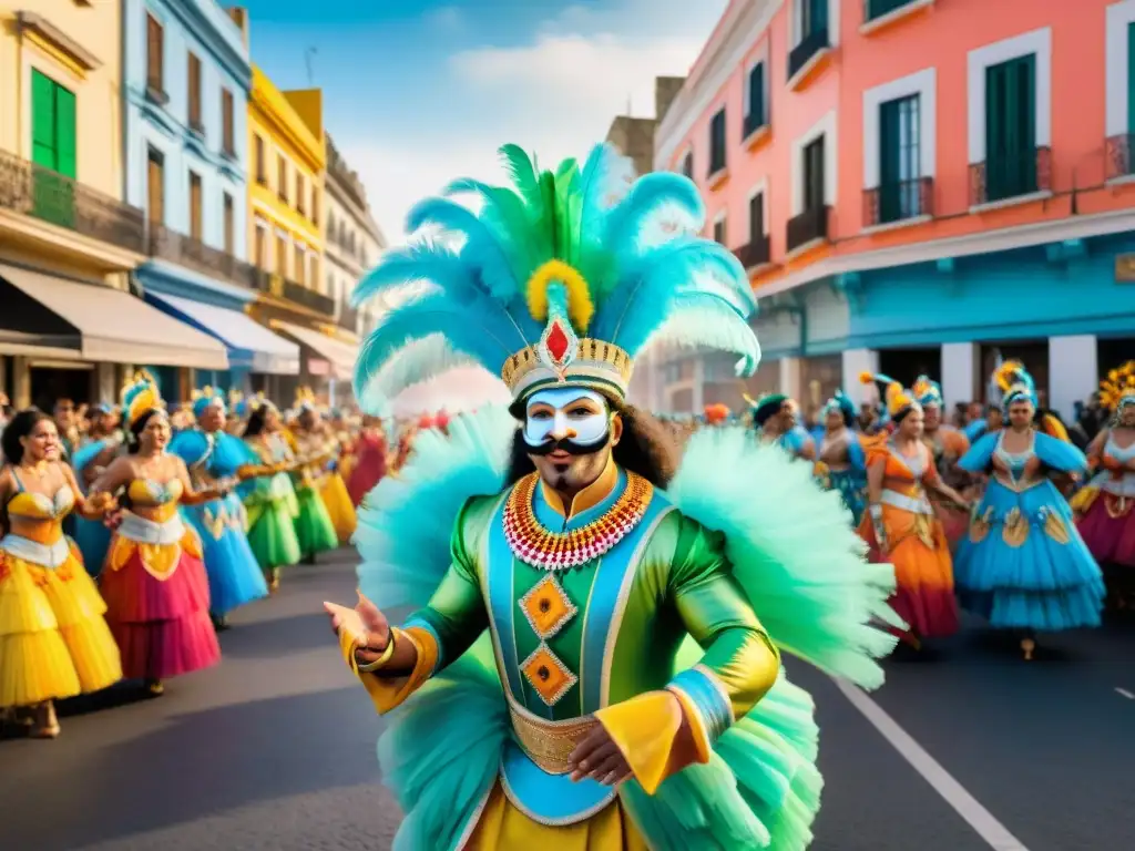 Escena vibrante del Carnaval Uruguayo en Montevideo con coloridos trajes y música alegre