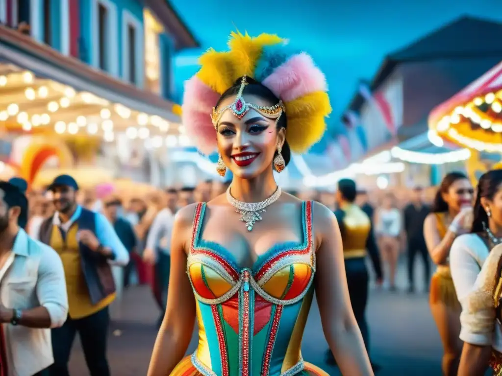 Escena vibrante del Carnaval Uruguayo 2021: calle llena de coloridos bailarines, música alegre y espectadores disfrutando la fiesta